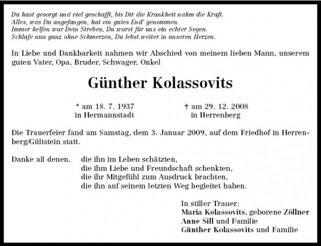 Kolassovits Guenther 1937-2008 Todesanzeige